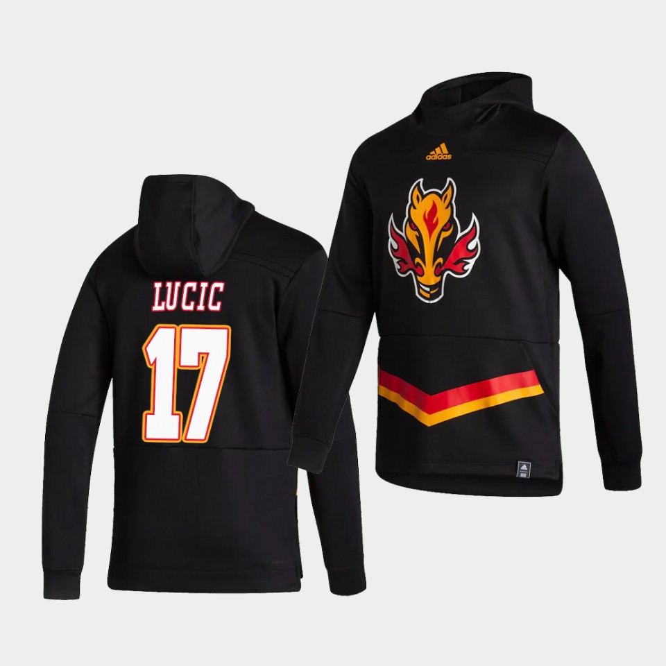 Men Calgary Flames #17 Lucic Black NHL 2021 Adidas Pullover Hoodie Jersey
